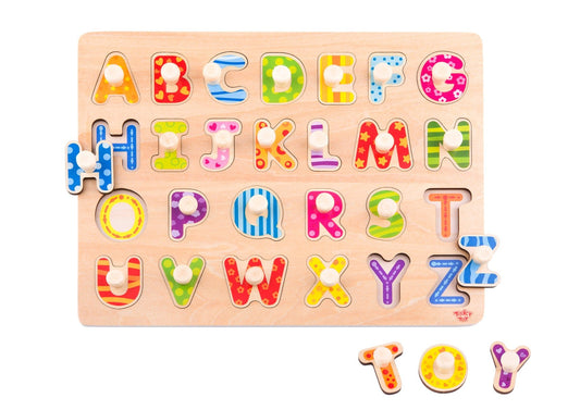 Colorful alphabet peg puzzle for kids, promoting letter recognition and fine motor skills.