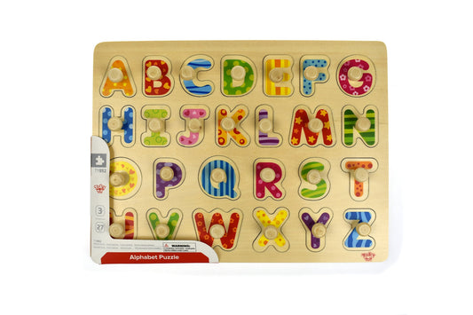 Colorful alphabet peg puzzle for kids learning letters and fine motor skills at home.