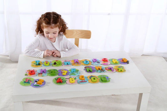 Colorful alphabet puzzle set in portable box for educational play and storage at home.