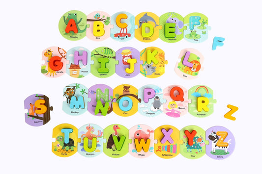 Colorful alphabet puzzle set in portable box for engaging kids in learning at home.