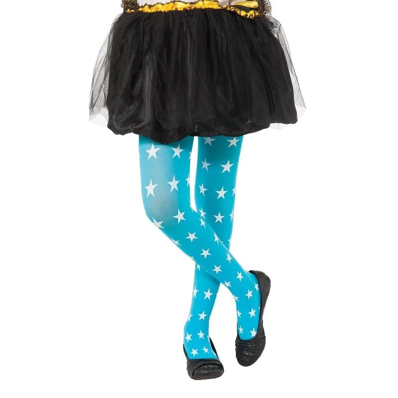 American Dream superhero tights in blue and white for kids, perfect for imaginative play at home.