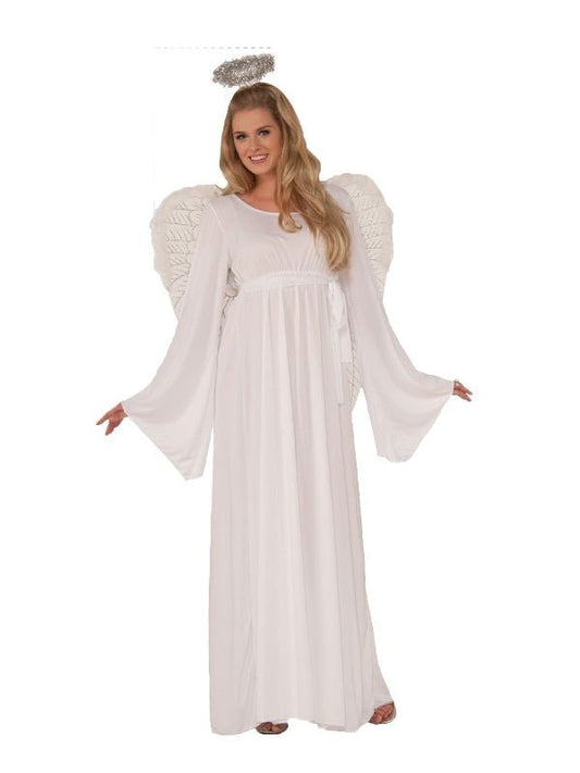 Girls white angel costume with halo for dress-up play or Halloween parties.