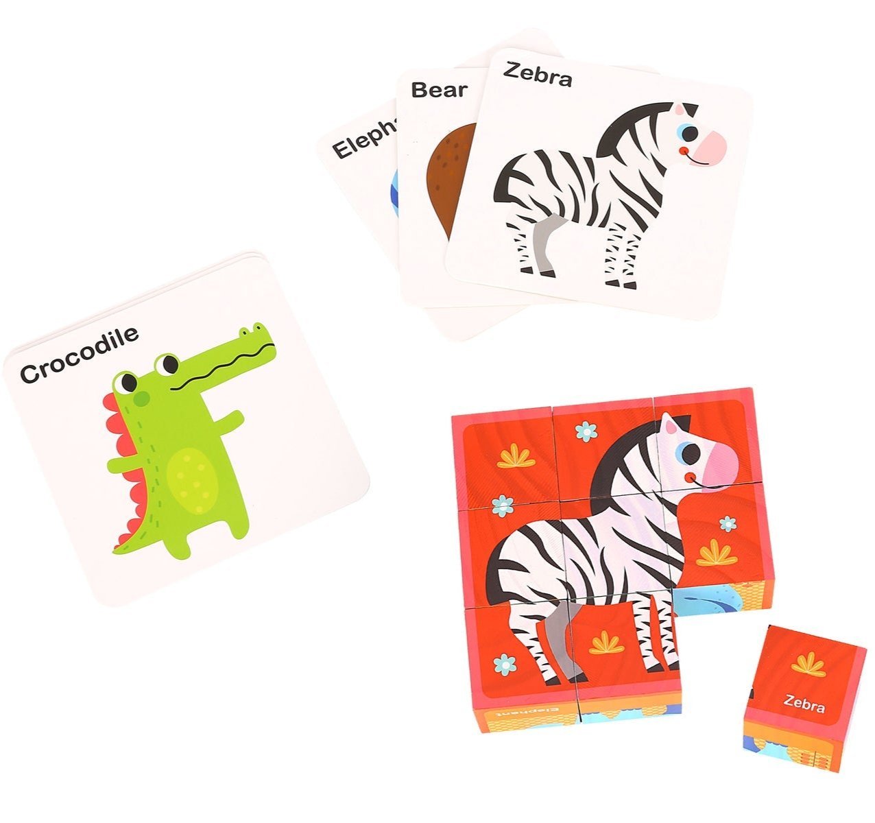 Wooden animal block puzzle set with drawing cards for creative play at home.