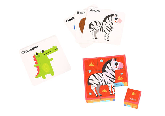 Wooden animal block puzzle set with drawing cards for creative play at home.