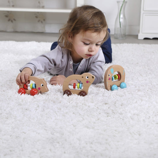 Colorful bear push toy with rolling action, perfect for toddlers interactive play at home.