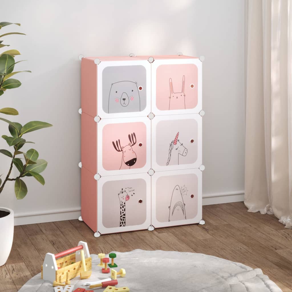 Animal Theme Cube Storage Cabinet for Kids with 6 Cubes Pink