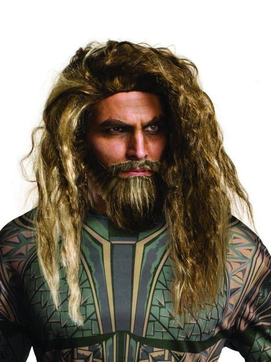 Aquaman adult beard and wig set for kids imaginative play, DC Comics official costume.