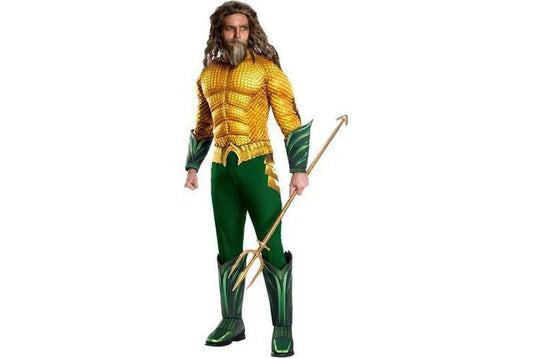 Deluxe Aquaman adult costume, DC Comics official, perfect for childrens superhero dress-up at home.