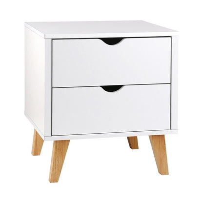 White wooden bedside tables with 2 drawers, ideal for childrens bedrooms. Stylish and functional.