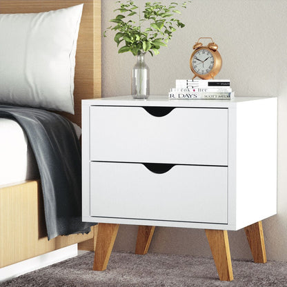 Artiss 2 Drawer Wooden Bedside Tables in white, ideal for childrens bedroom storage solution.