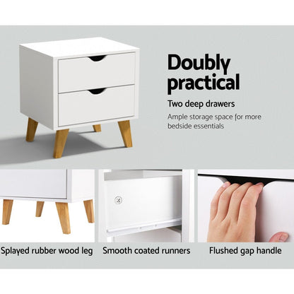 Artiss 2 Drawer White Bedside Tables, perfect for kids bedrooms, charming and functional.