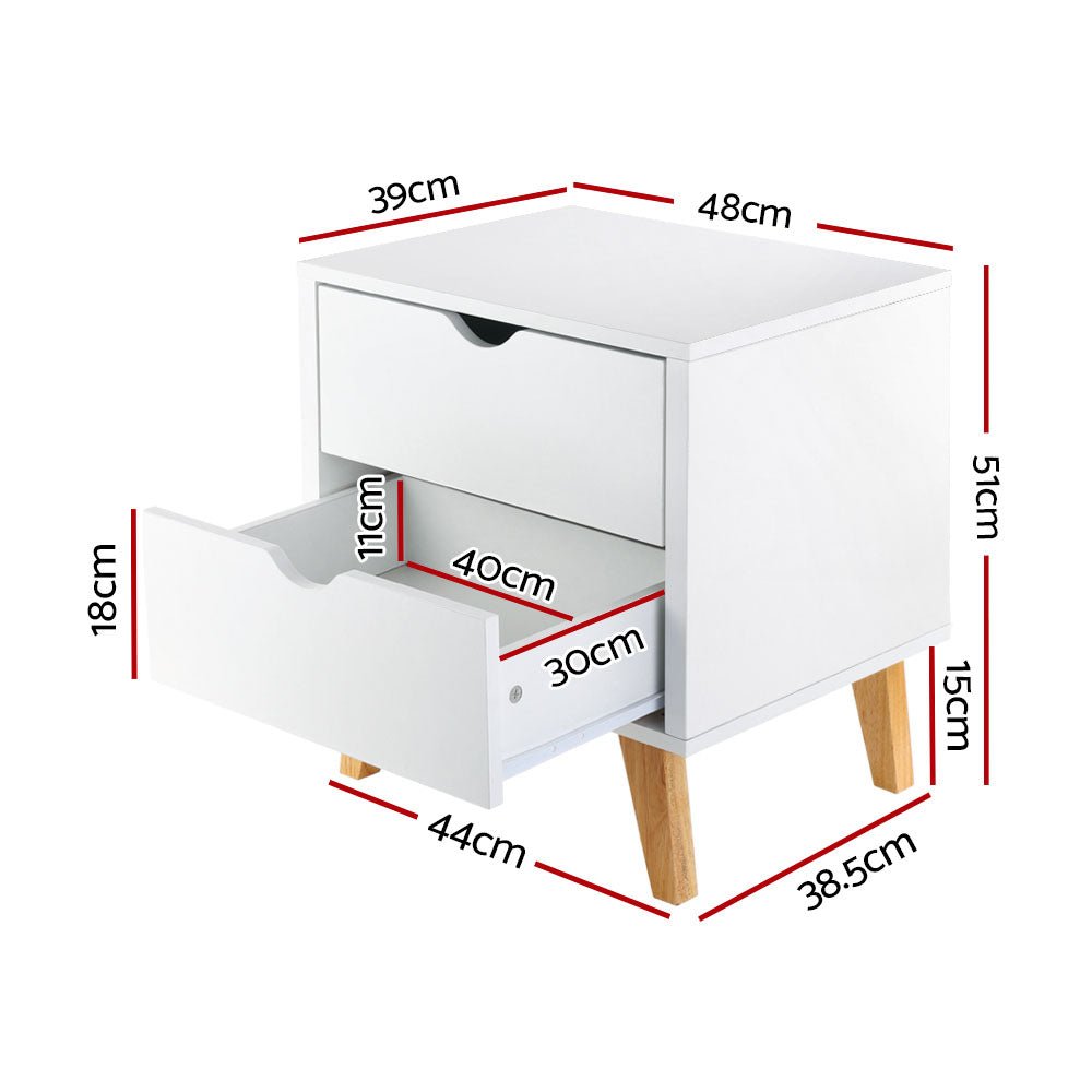 Artiss White Wooden 2 Drawer Bedside Tables, ideal for childrens room organization and style.