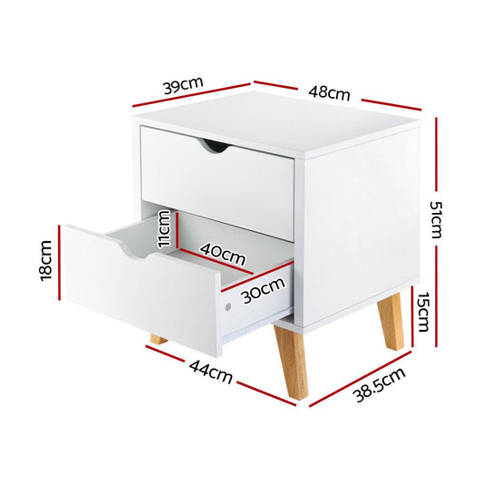 Artiss White Wooden 2 Drawer Bedside Tables, ideal for childrens room organization and style.