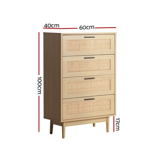 Artiss 4-drawer rattan tallboy cabinet, perfect for childrens bedroom clothes storage, durable wood.