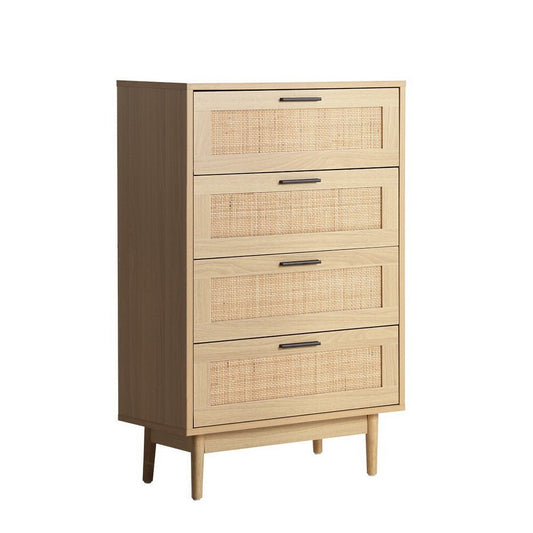 Kids 4-Drawer Rattan Tallboy Cabinet for Clothes Storage in Bedroom. Wood Construction.