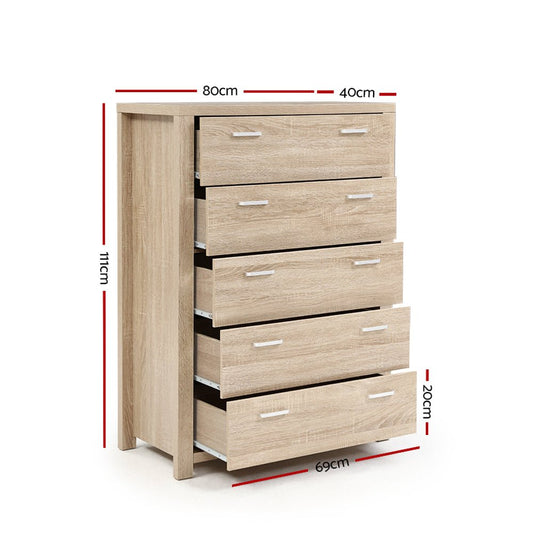 Artiss 5 Drawer Tallboy Dresser - Spacious storage solution for kids bedroom furniture.