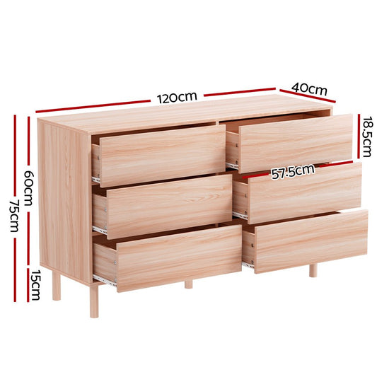 Artiss 6-drawer tallboy in pine finish, perfect storage solution for childrens room.