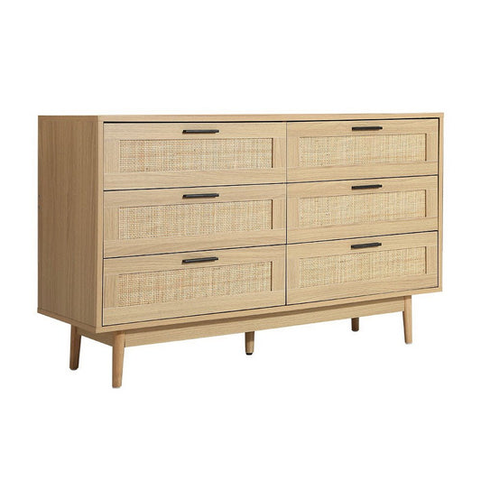 Artiss 6-Drawer Rattan Tallboy | Kids bedroom storage cabinet, stylish wood design for clothes.