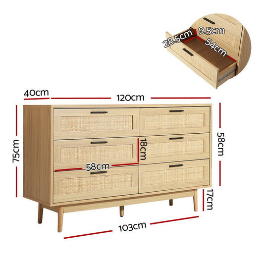 Artiss 6-drawer rattan tallboy cabinet for kids bedroom, stylish storage solution in wood.