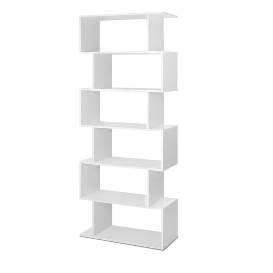 White 6-tier display shelf for kids room organization and storage, sleek design.