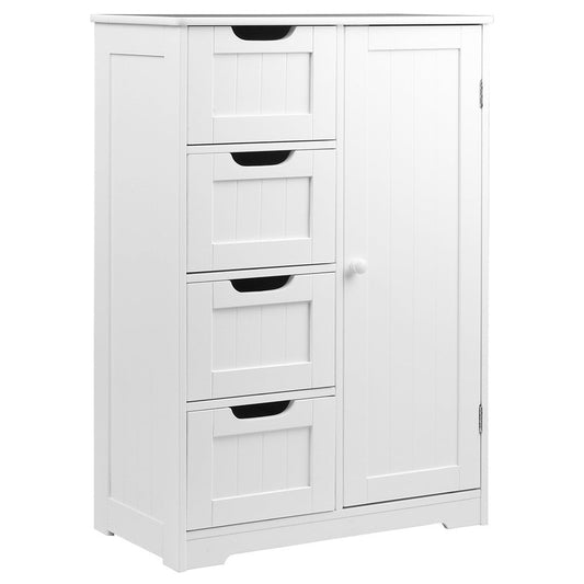 White Bathroom Tallboy Cabinet with 4 Drawers, ideal for kids bedroom or playroom storage.