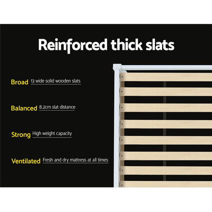 King single wooden bed frame with timber platform for childrens bedroom decor.