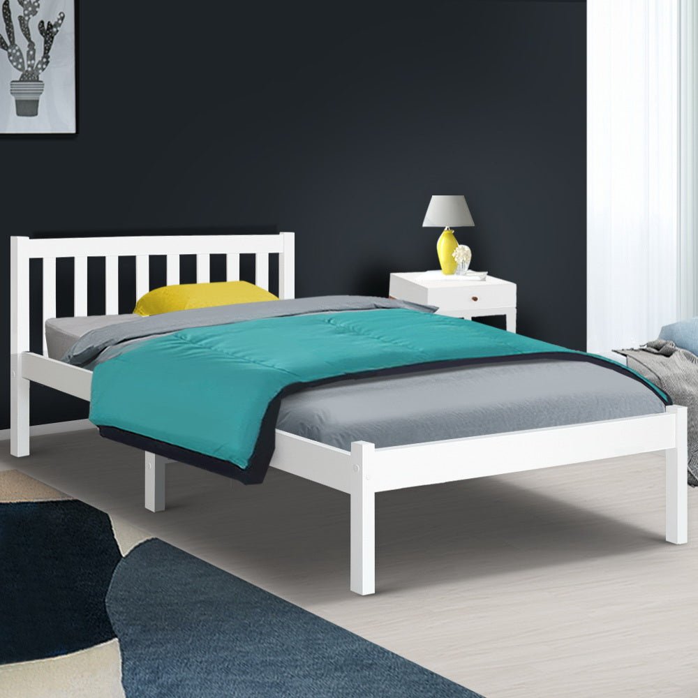 White wooden King Single bed frame with sleek design for kids and adults.