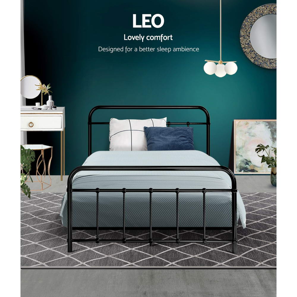 Leo King Single Black metal bed frame, ideal for kids bedroom, sturdy and sleek design.