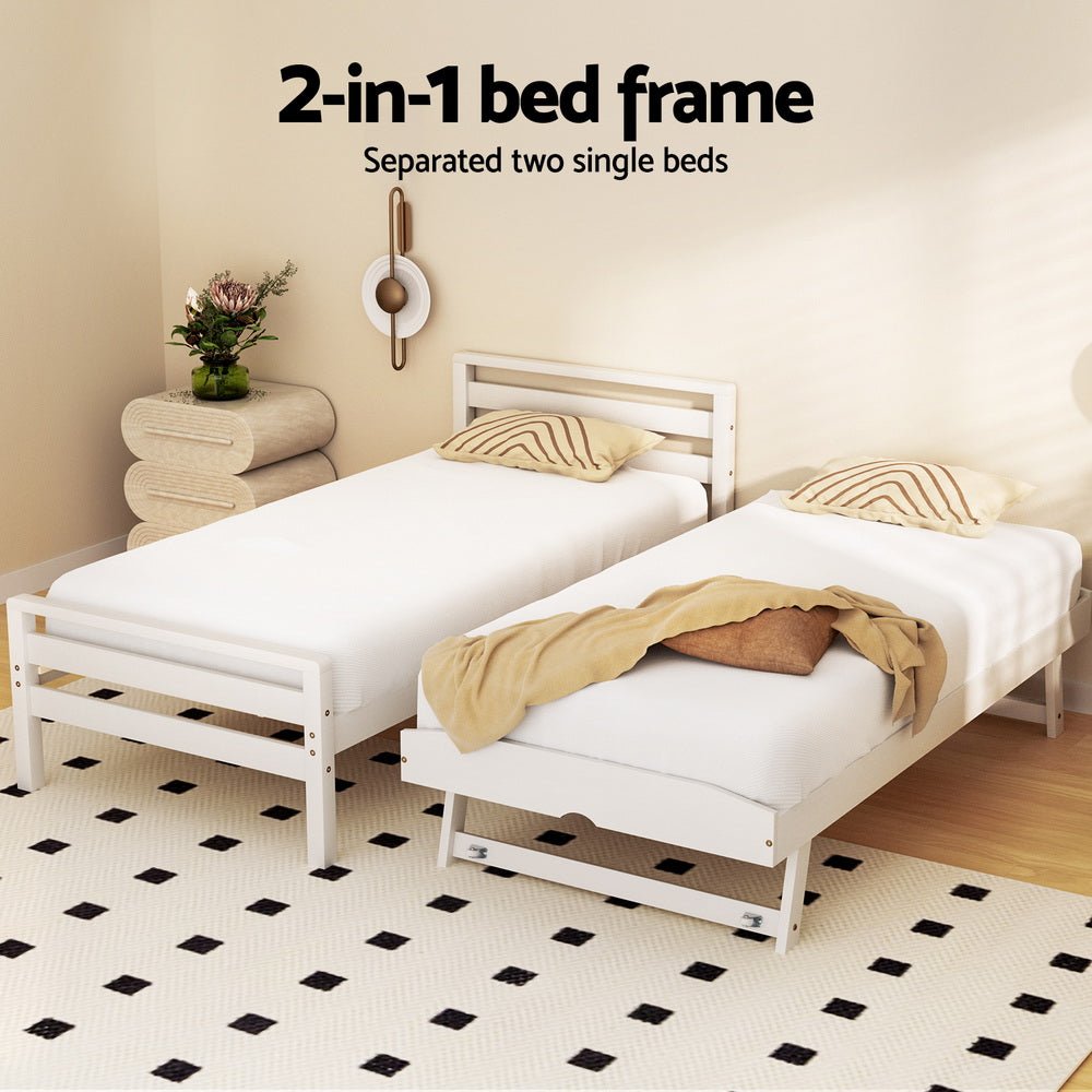 Artiss single-size bed frame with 2-in-1 trundle, white wooden design for kids bedroom.