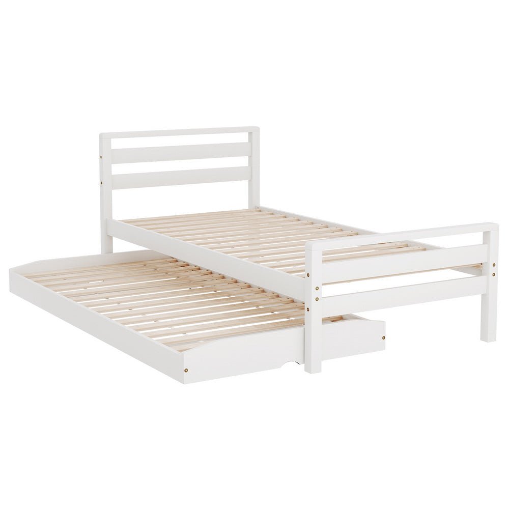 Artiss Single Bed Frame with Trundle - White Wooden Kids Bedroom Furniture Solution