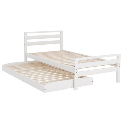 Artiss Single Bed Frame with Trundle - White Wooden Kids Bedroom Furniture Solution