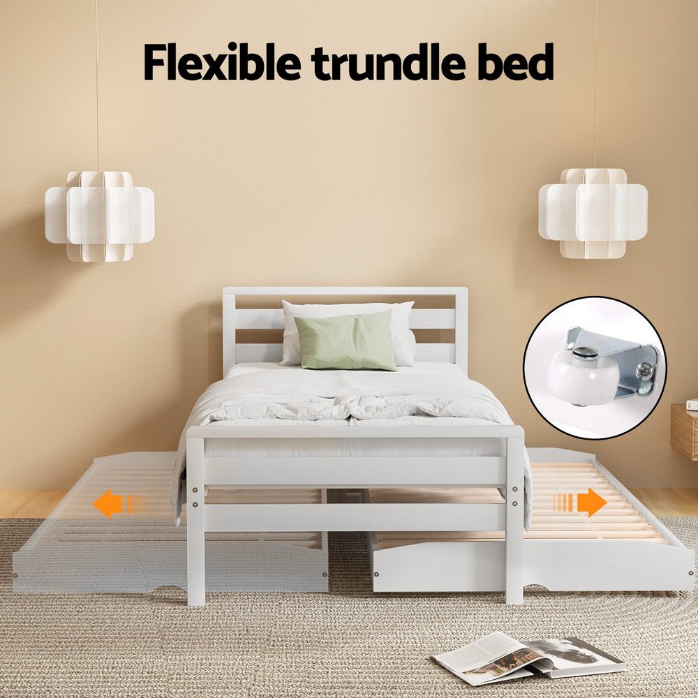 Artiss single bed frame with white wooden trundle, ideal for kids room organization.