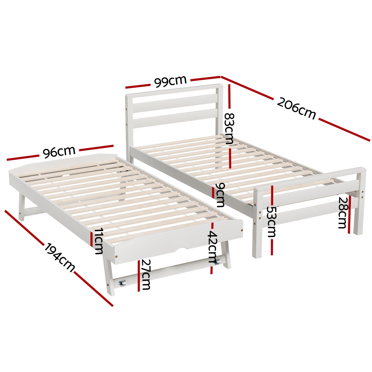 Artiss Single Size Bed Frame with 2-in-1 Trundle, Wooden White for Kids Bedroom