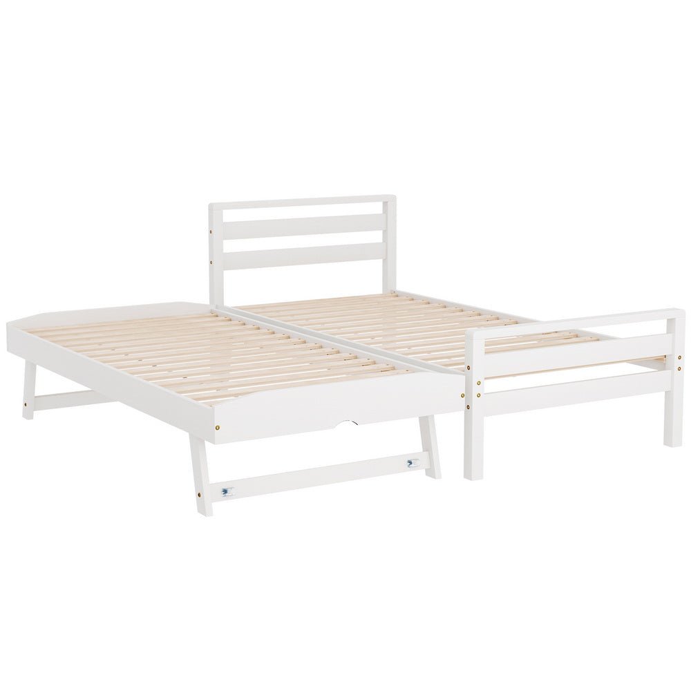 Artiss white wooden single bed frame with pull-out trundle for kids room decor.