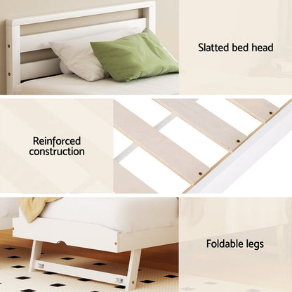 Artiss Single Bed Frame with 2-in-1 Trundle - White Wooden Design for Kids Bedrooms