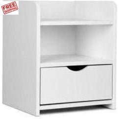 White bedside table with drawer, ideal for kids rooms with stylish storage solution.