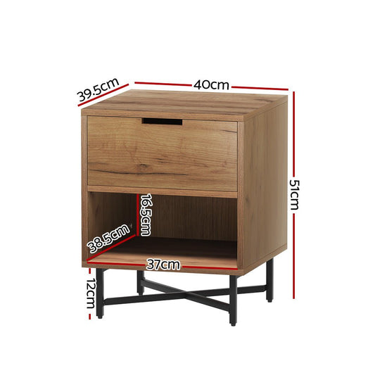 Kids nightstand with drawer and shelf storage in Rust Oak for bedroom organization.