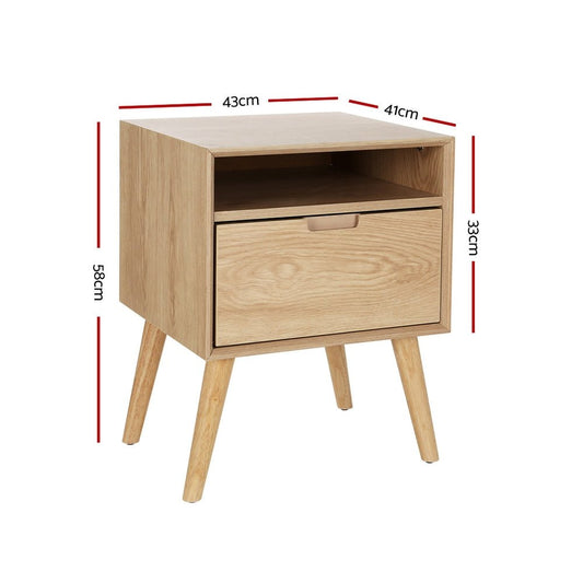 Kids bedside table with drawers for storage in bedroom, featuring shelves for easy access.