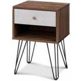 Grey and walnut bedside table with drawer, perfect for childrens room storage solution.