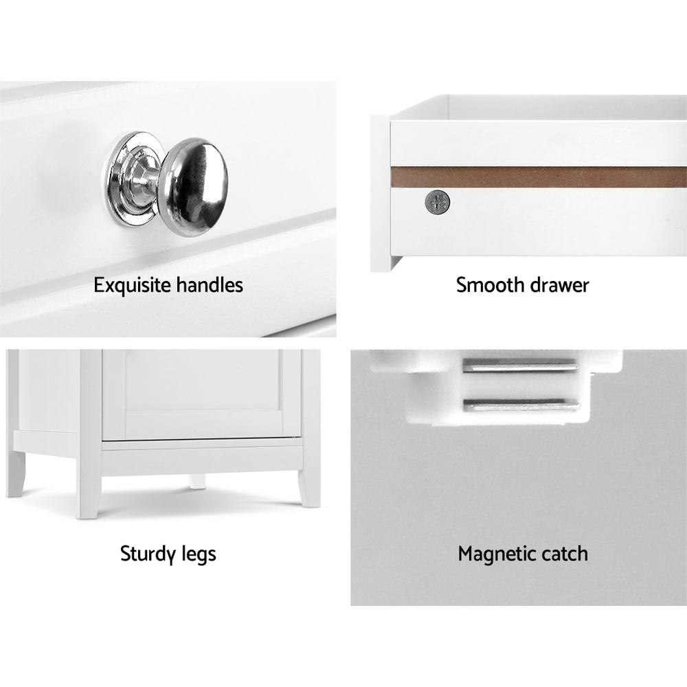 White nightstand with spacious drawers for kids storage. Perfect for childrens bedroom decor.