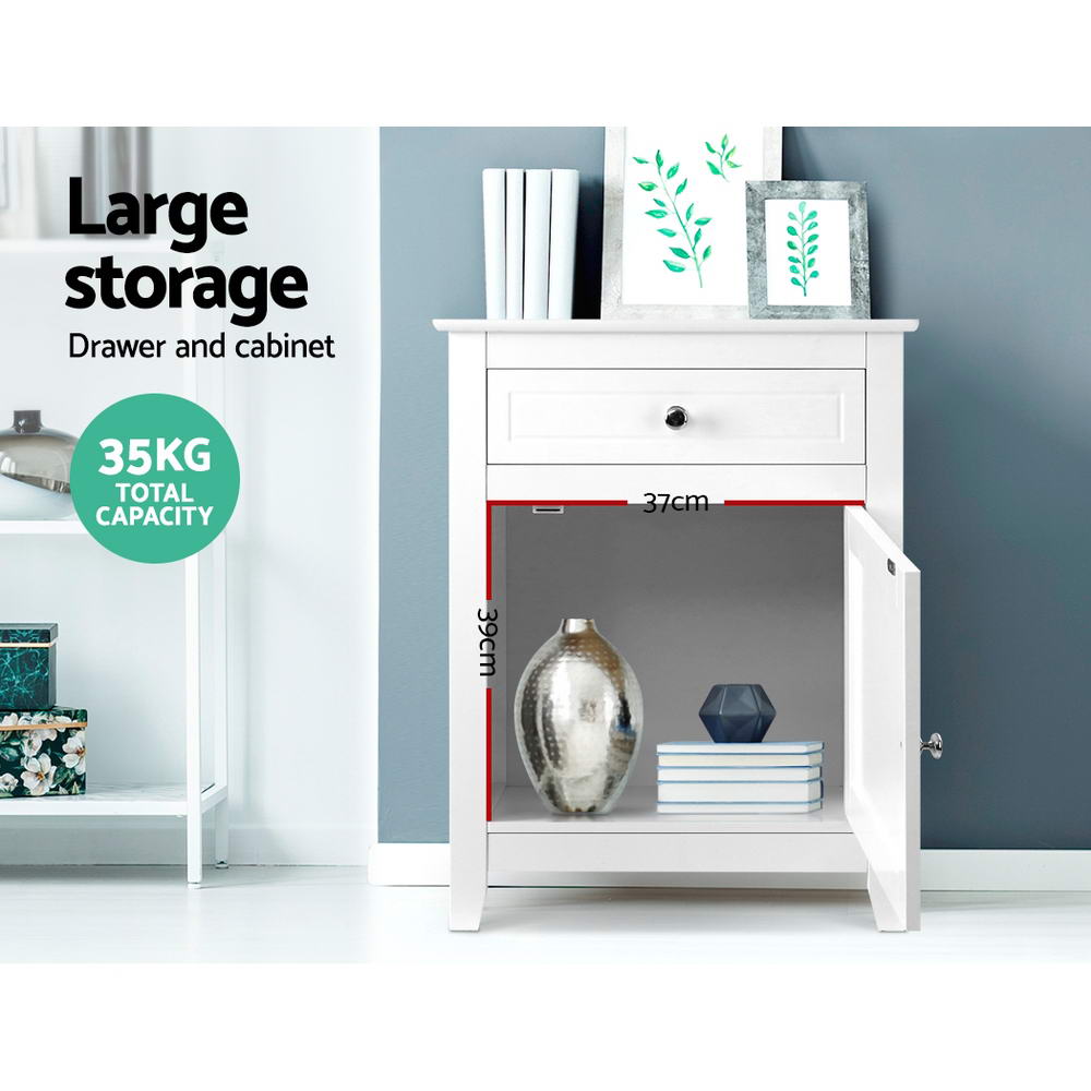 White nightstand with spacious drawers, perfect for kids bedrooms storing essentials and bedside lamp.