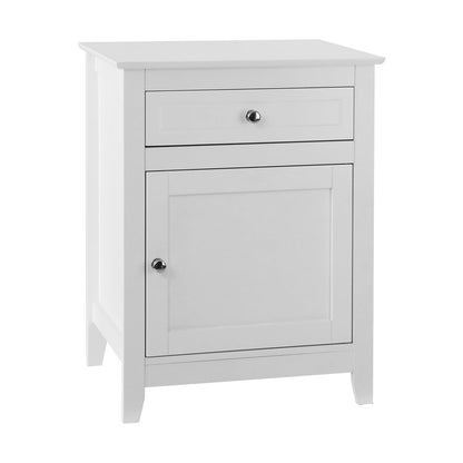 White bedside table with spacious storage drawers, ideal for childrens room organization.