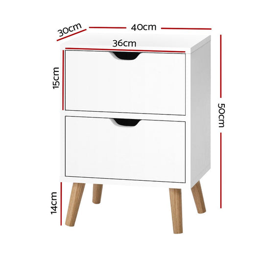 White wood bedside table with drawers, ideal for kids room storage and decor.