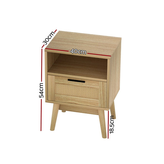 Artiss Rattan Bedside Table with 1 Drawer and Shelf, ideal for kids bedrooms.