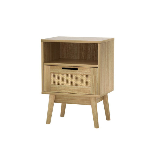 Kids rattan bedside table with 1 drawer and shelf, perfect for modern bedroom decor.