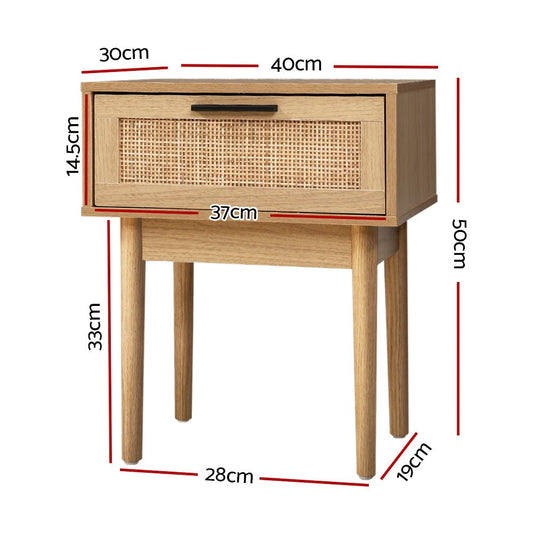 Kids bedside table with rattan drawer, ideal for storage in childrens bedroom.