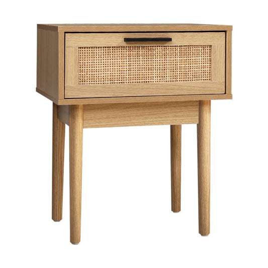 Kids rattan wood nightstand with drawer for storage, ideal addition to childrens bedroom.