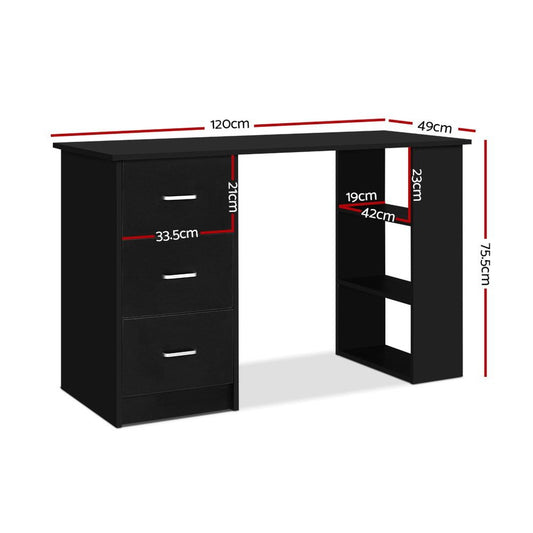 Childs black computer desk with 3 drawers and shelves for home study and organization.