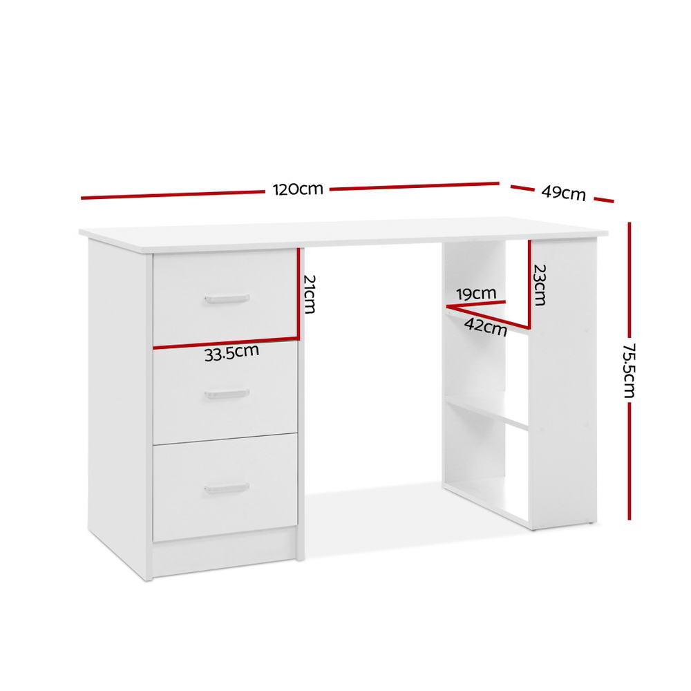 White computer desk with 3 drawers and shelves, ideal for kids room organization.