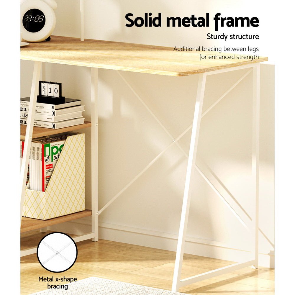 Kids oak computer desk with bookshelf storage, ideal for home study area. 100cm long.